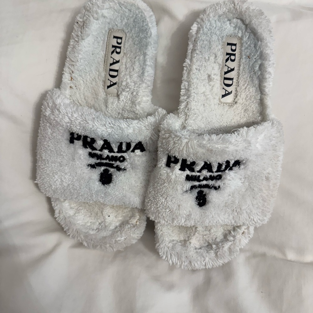 Prada Cream Fuzzy Logo Slides